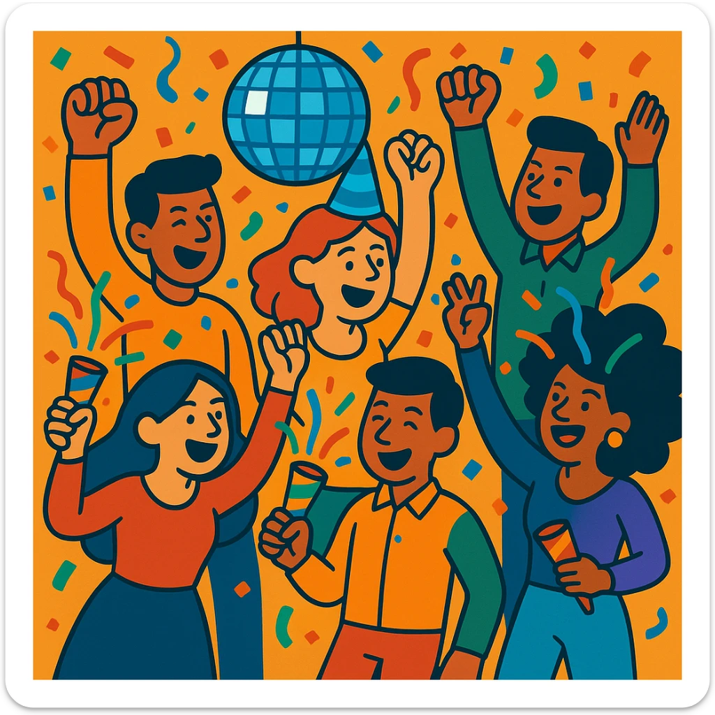 A group of friends at a party, some holding party poppers, vibrant cartoon style, with a disco ball overhead. sticker