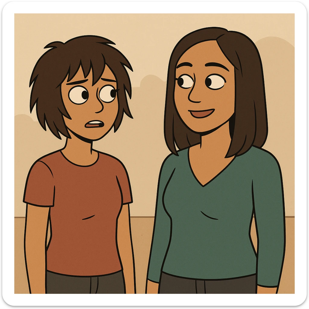 dos chicas, una con pelo corto desmechado en capas hasta la barbilla, castaña, piel morena; la otra con pelo lacio hasta el hombro, castaña, piel morena, estilo flat-toon sticker