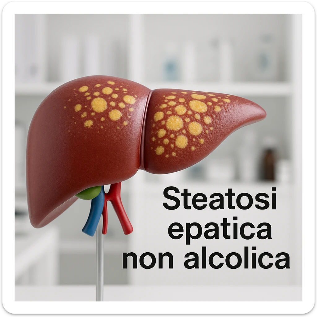 close-up of an anatomical liver model with yellow and white areas showing steatosis, medical environment, Italian text 'Steatosi epatica non alcolica', 4K quality sticker