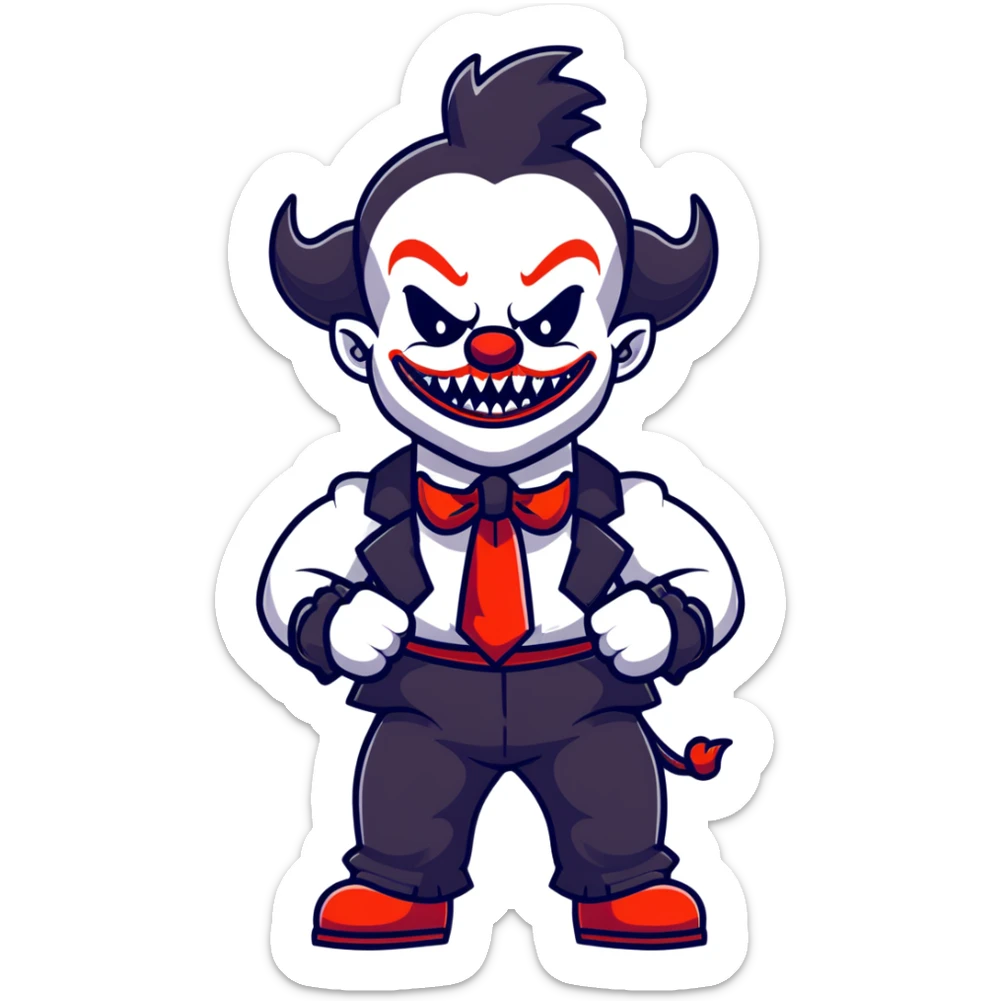 full-body muscular demonic clown in black and white leisure suit with bellbottom pants, bald, black ram horns, flashy black and white belt, ruffled white shirt, no neck tie, large fangs, cartoon sticker style sticker