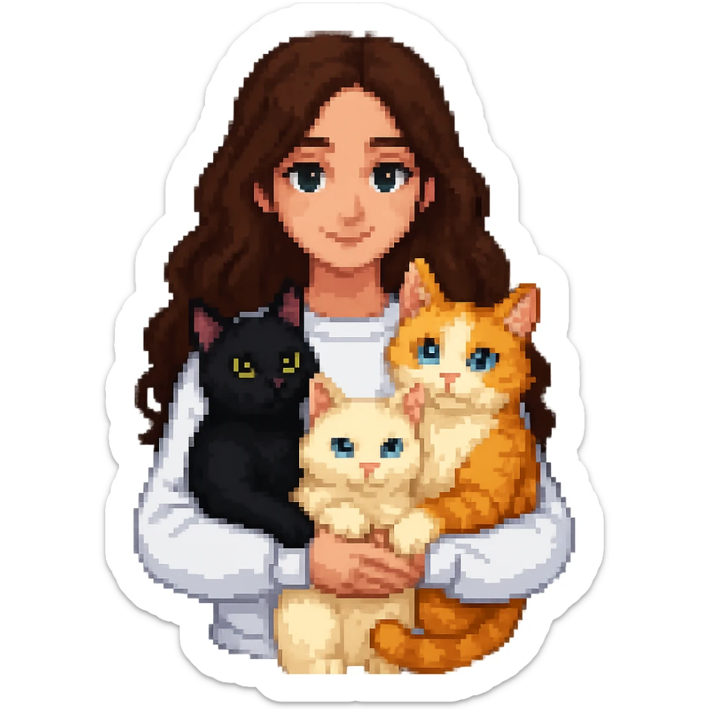 Change the girl's hair color to brown and have her hug three cats, each a different color, in the style of pixel art. Remove the background. sticker