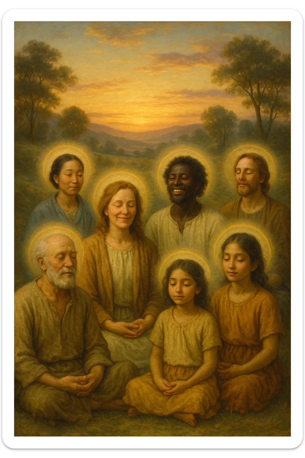a diverse group of people of different ages and backgrounds sit together in a peaceful natural setting at sunrise, each with serene, joyful expressions. Subtle auras or soft light halos surround them, symbolizing spiritual awakening and inner harmony. The background features gentle hills, trees, and a glowing sky, evoking unity and connection. realistica italiano sticker