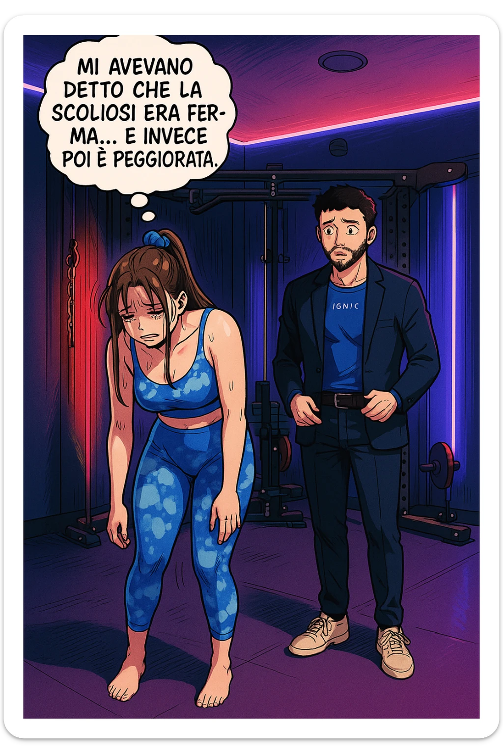 fai questa immagine in versione fumetto/manga/webtoon a colori, il manga mostra la donna disperata con un fumetto sulla testa che dice:
Mi avevano detto che la scoliosi era ferma… e invece poi è peggiorata.
 sticker