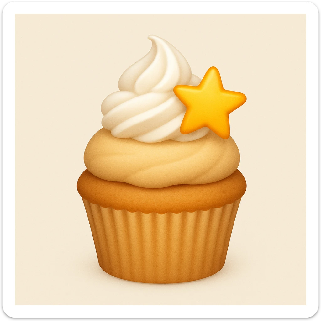 Add a swirl of whipped cream and a star-shaped sprinkle to the cupcake with beige frosting and a star-shaped candy in emoji style. sticker