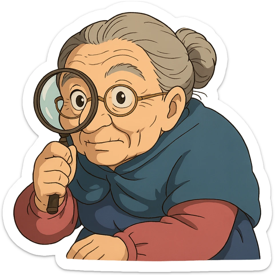 grandmother with glasses peering through a magnifying glass in ghibli style sticker