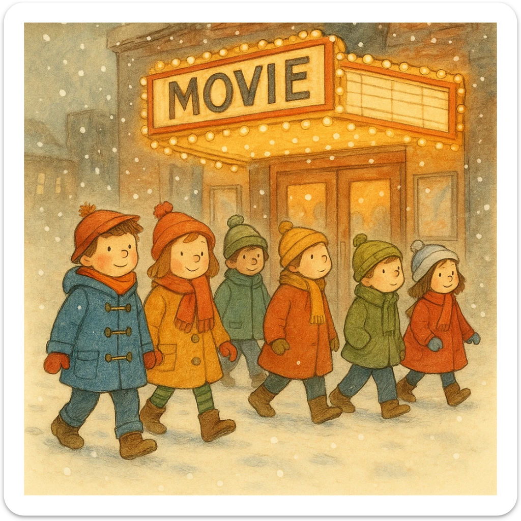A group of school children walking to a movie theater in winter, inspired by Paddington Bear sticker