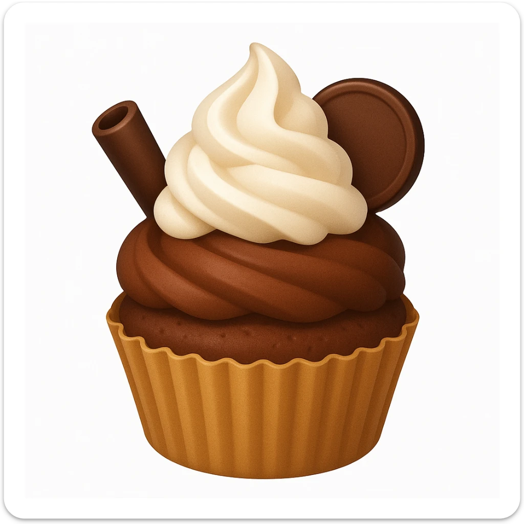 Add a swirl of whipped cream and a chocolate coin to the cupcake with brown (chocolate) frosting and a chocolate curl in emoji style. sticker