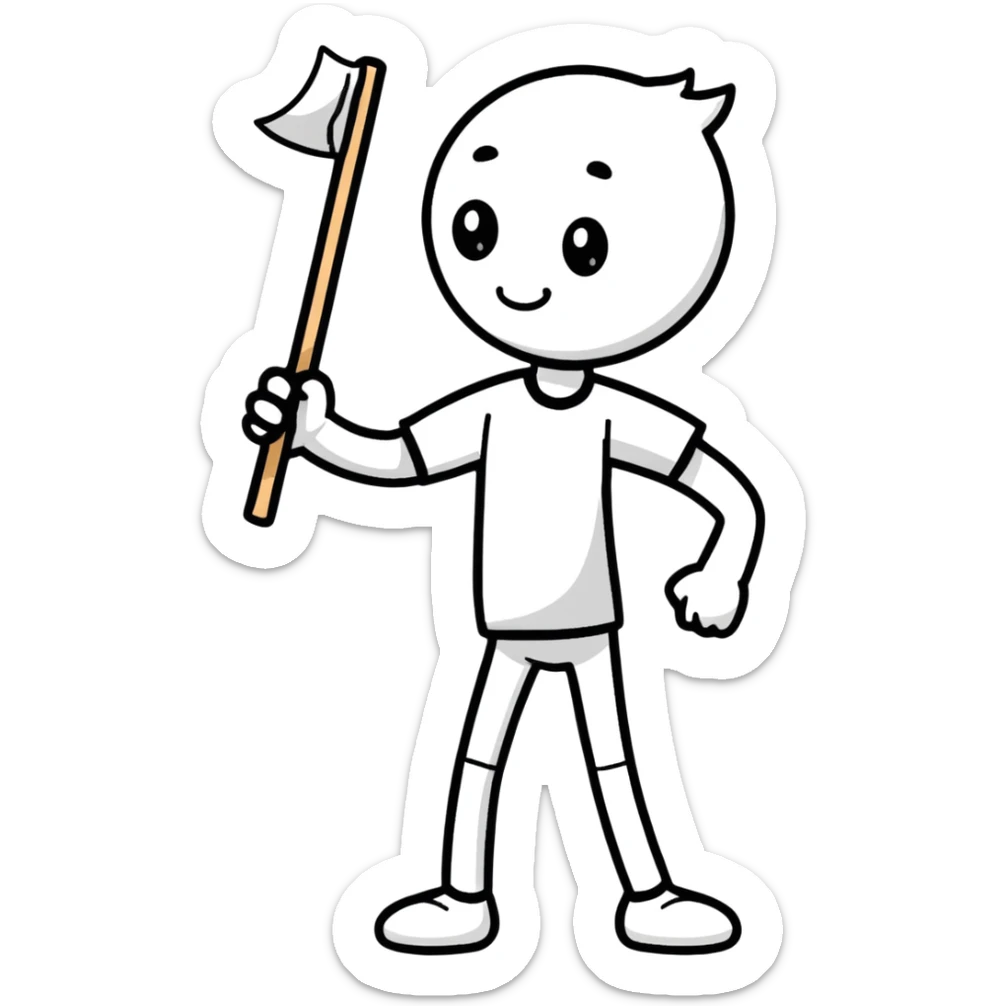 cartoonish sticker of a stick man in a colorful T-shirt, playful pose sticker