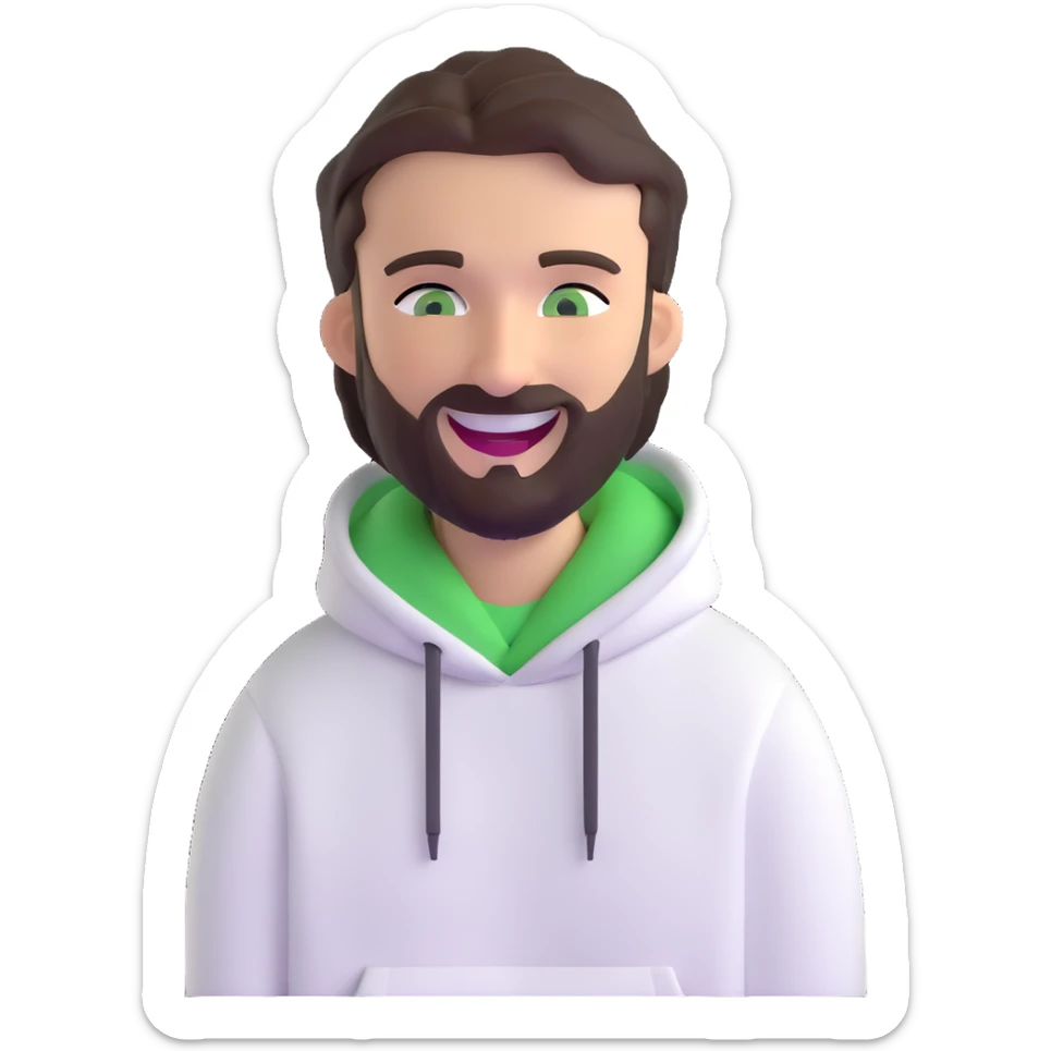 laughing guy with white hoodie, green eyes, dark brown hair and a short full beard sticker