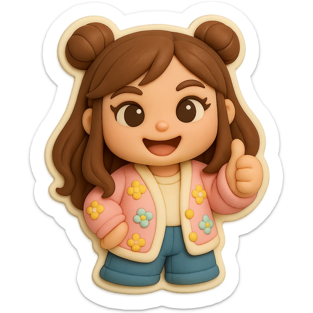 3D chibi fondant cake art style, high-quality rendering with smooth shadows and soft gradients. Girl based on reference image with preserved facial features and eye shape, long brown hair in two space buns, brown eyes, jeans, pastel floral cardigan, thick white outline like a sticker. Thumbs up, happy expression. Transparent background. Ensure the face, hairstyle, and eye shape match the reference exactly. sticker