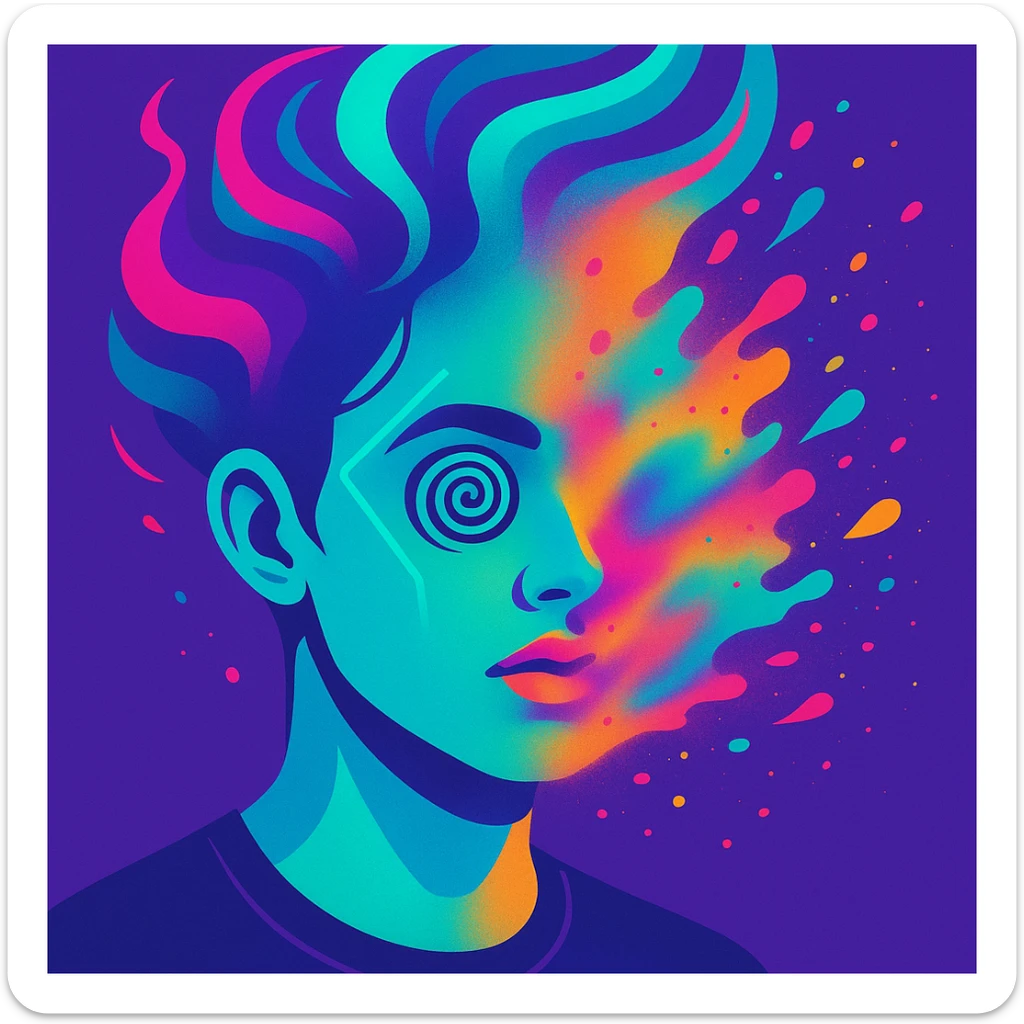 surreal portrait of a person with neon skin, face dissolving in an explosion of colors, airbrush effect, hair as swirling liquid color streams like northern lights, hypnotic spiral eyes, geometric elements along face contour, paint particles flying away, acid purple, turquoise, and electric pink blending, sense of movement sticker