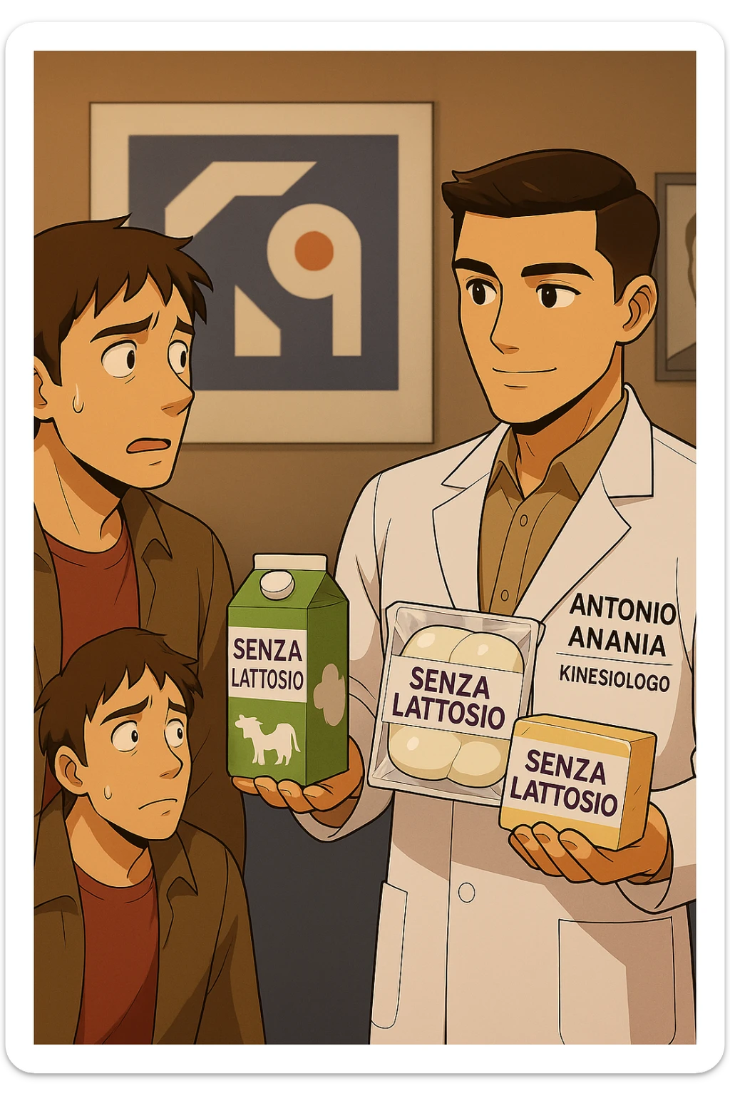 fai un webtoon manga a colori con questo stile, in cui un uomo ASCOLTA Il kinesiologo con il camice bianco (fagli anche la scritta "ANTONIO ANANIA" SUL CAMICE, IL KINESIOLOGO SPIEGA ALL'UOMO UNA MOSTRANDO VARI PRODOTTI DA SUPERMERCATO CONFEZIONATI (TIPO SCATOLA DI LATTE, MOZZARELLE CONFEZIONATE, FORMAGGIO CONFEZIONATO), OGNI CONFEZIONE HA LA SCRITTA "SENZA LATTOSIO SULL'ETICHETTA. L'UOMO OSSERVA IL KINESIOLOGO CON ESPRESSIONE CONFUSA IN VOLTO. non fare i fumetti però, fai solo in modo che sembri stiano parlando sticker