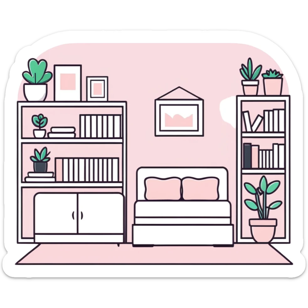clean girl aesthetic bedroom with white furniture, pastel pink accents, neatly arranged books, potted plants sticker