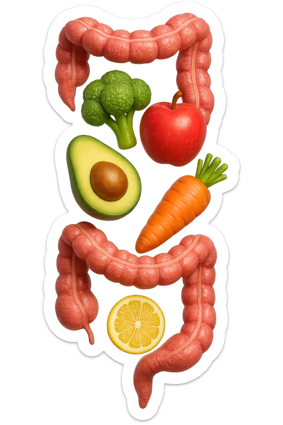 emoji stile iphone in 3d di cibo sano che fluttua in aria vericalmente insieme a pezzi di colon umano anatomico, iperrealistico 4k sticker