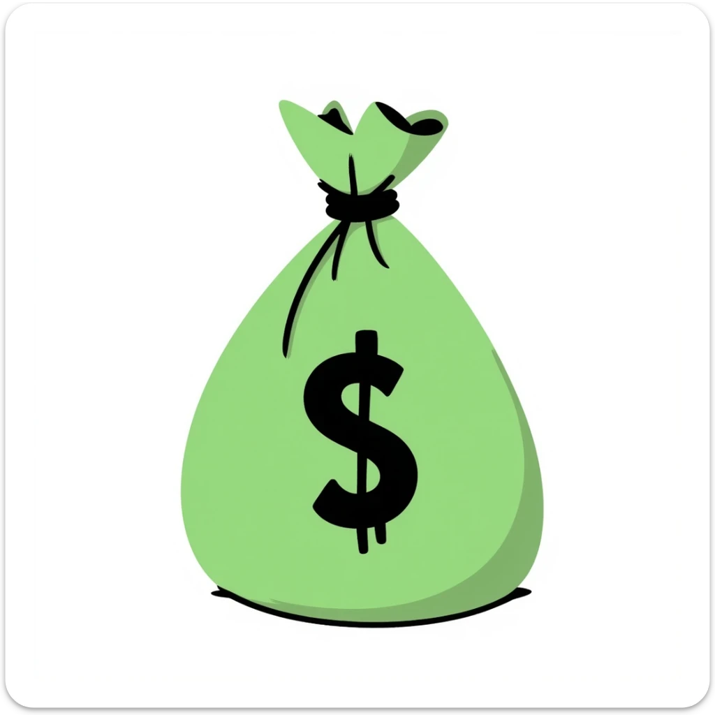 A money bag in black doodle style, hand-drawn with a simple green bag and a dollar sign, no additional text or symbols. sticker