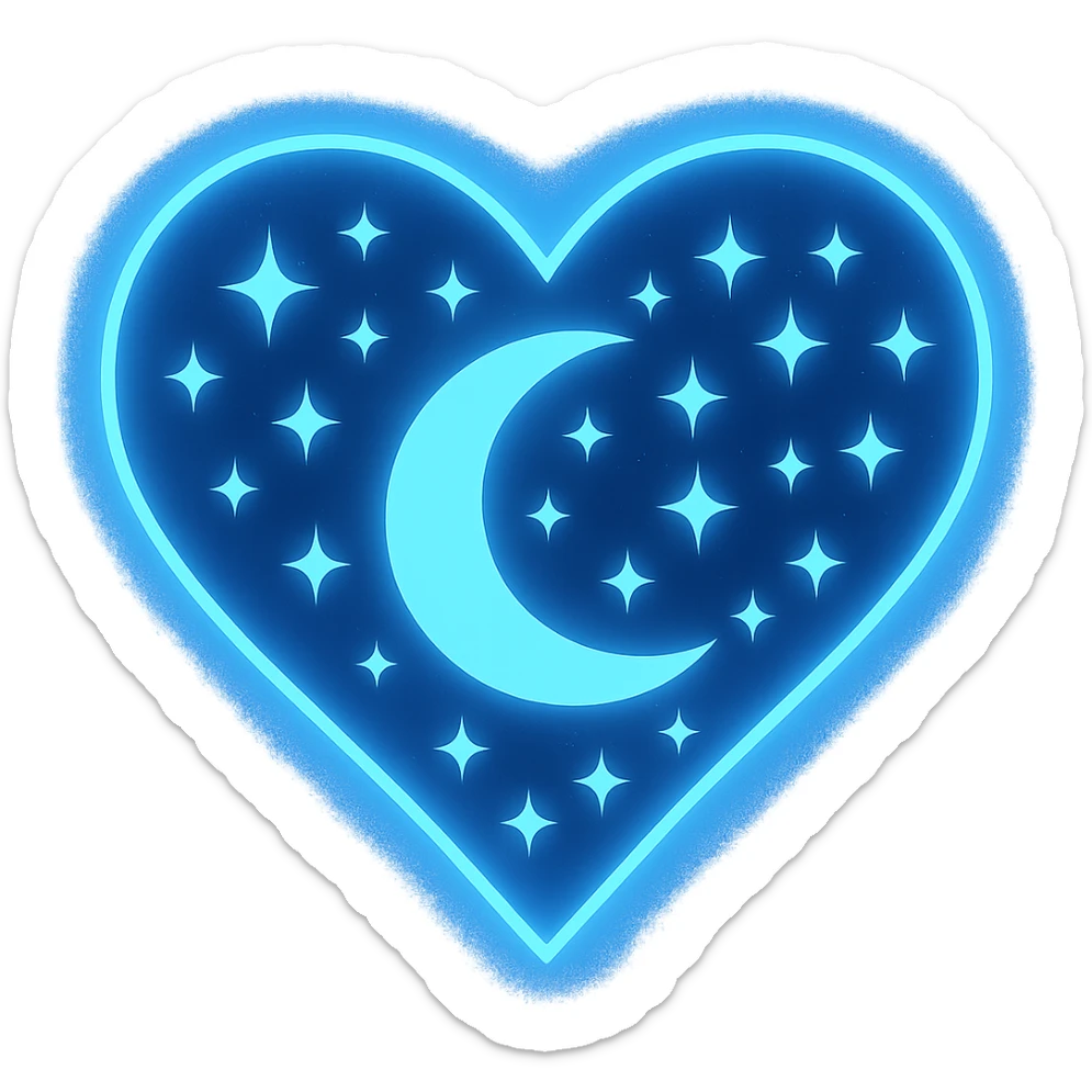 Add more stars to the heart with a crescent moon and stars, keep the dark blue background and glowing edges, no background. Maintain the style and glowing edges of the original image. sticker