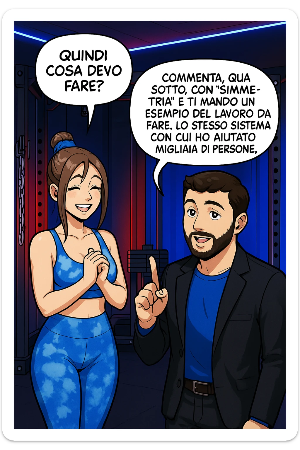 TRASFORMA QUESTO CAROSELLO IN UN FUMETTO STILE WEBTOON/MANGA A COLORI CON QUESTE DUE PERSONE IDENTICHE CHE INTERLOQUISCONO TRA LORO, LA DONNA SEMBRA SOLLEVATA/SODDISFATTA E CONTENTA:

LEI (DONNA): Quindi cosa devo fare?
LUI (UOMO): Commenta, qua sotto, con “simmetria” e ti mando un esempio del lavoro da fare. Lo stesso sistema con cui ho aiutato migliaia di persone, fra cui centinaia di donne a risolvere definitivamente gli inestetismi. sticker
