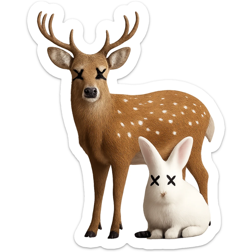 Add cartoon X's to the eyes, matching the style and position of the X's on the deer. Make sure all X's are identical and keep the background transparent. Do not change anything else. sticker
