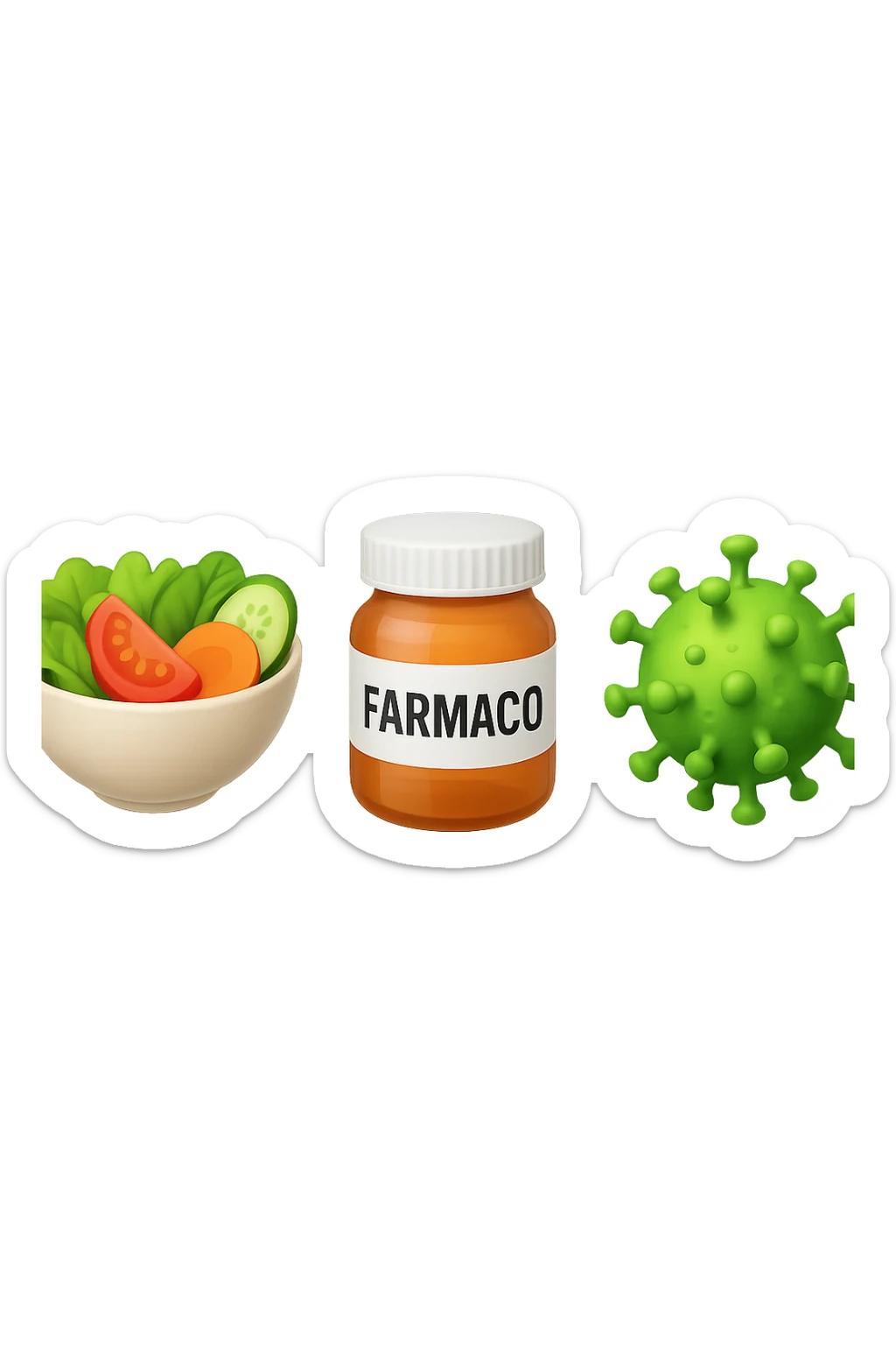 EMOJI STILE IPHONE DI una bowl di insalata, una boccetta di farmaco con la scritta "FARMACO" SULLA BOCCETTA E UN VIRUS, FLUTTUANO IN ARIA, IPERREALISTICO 4K sticker