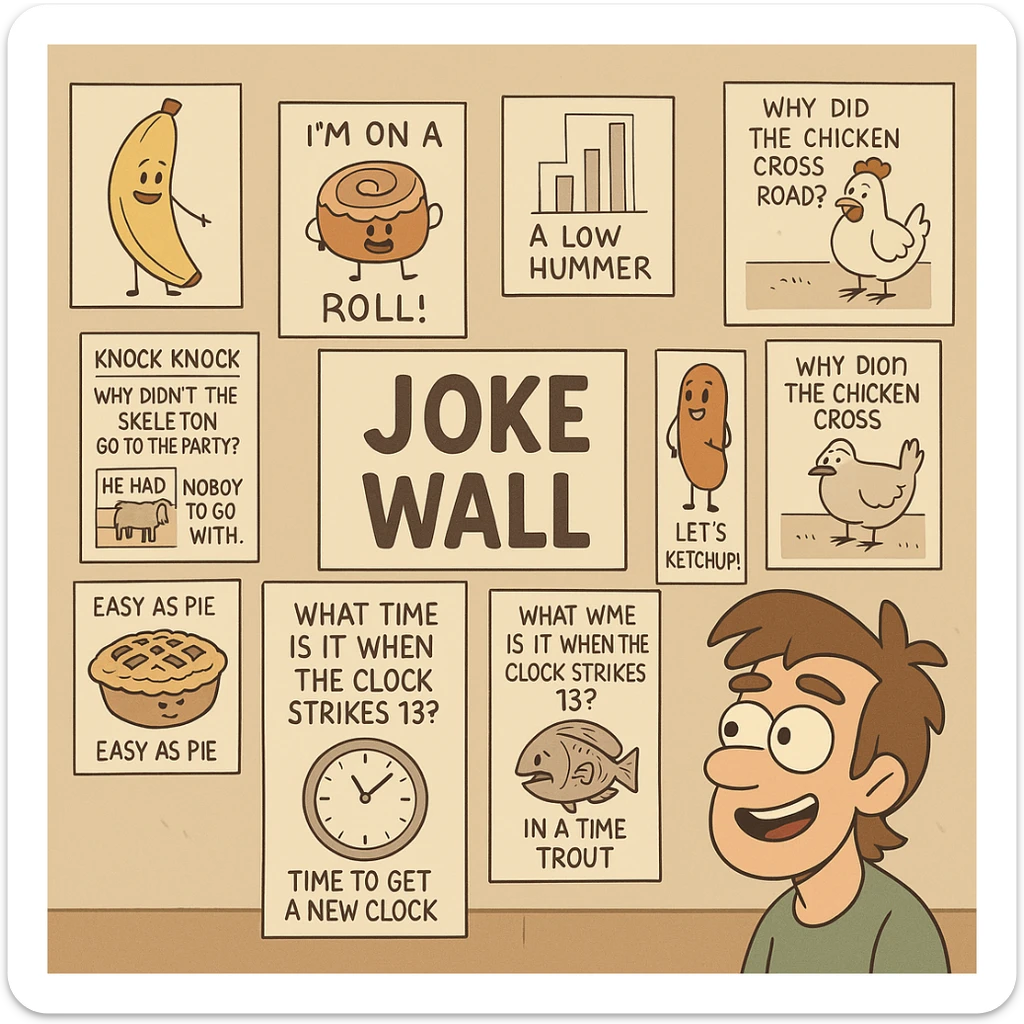 flat toon style wall of jokes, a western adult animation cartoon style scene of a wall covered with various humorous illustrations and jokes sticker