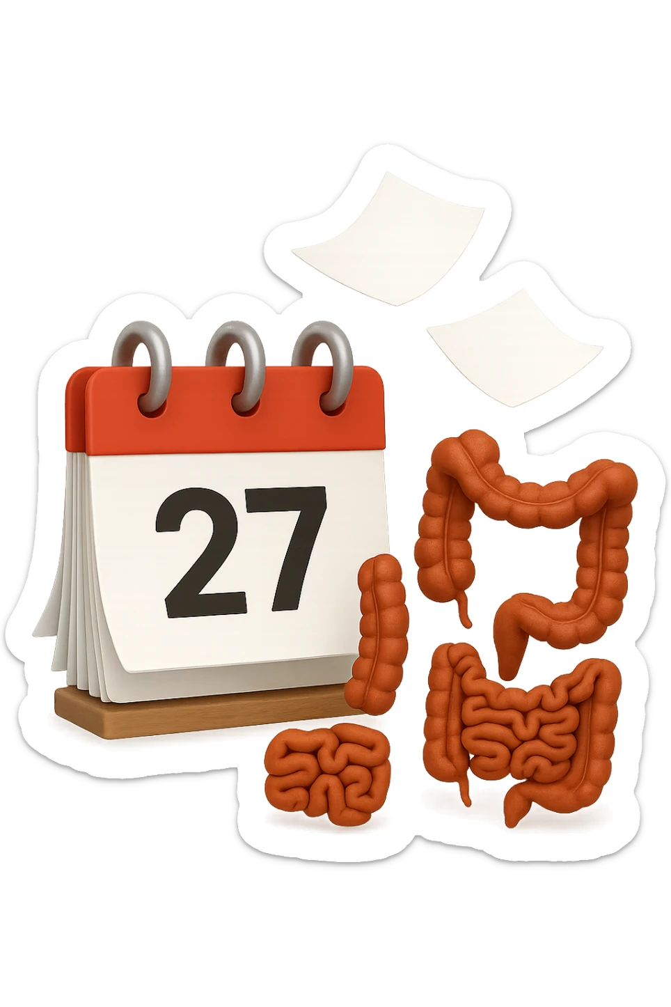 emoji stile iphone di un calendario con fogli che volano insieme a pezzi anatomici di colon umano, iperrealistico 4k, isolato su sfondo bianco sticker