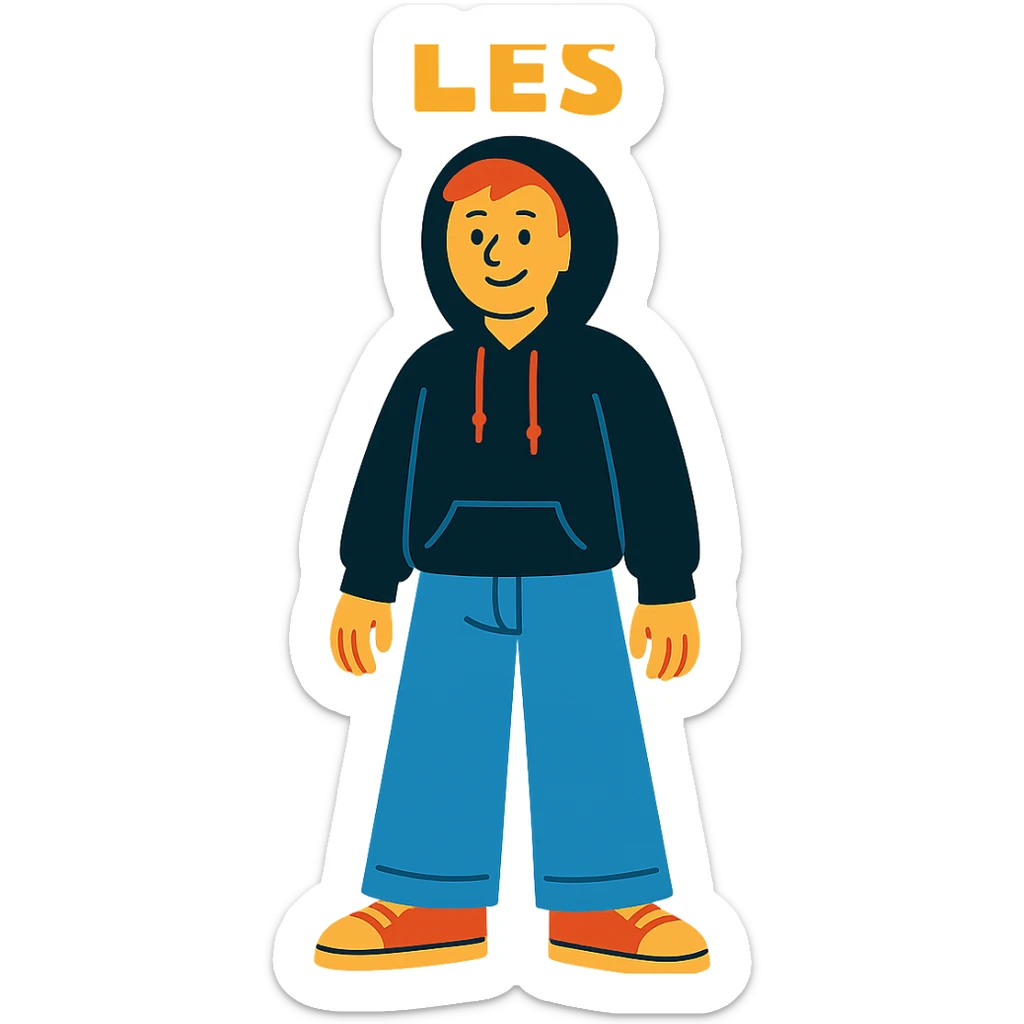 person named Les wearing wide jeans and a black hoodie sticker