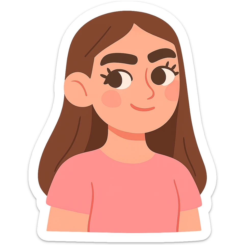 pastel toon style pretty girl with thick eyebrows, straight brown hair and brown eyes, curled eyelashes sticker