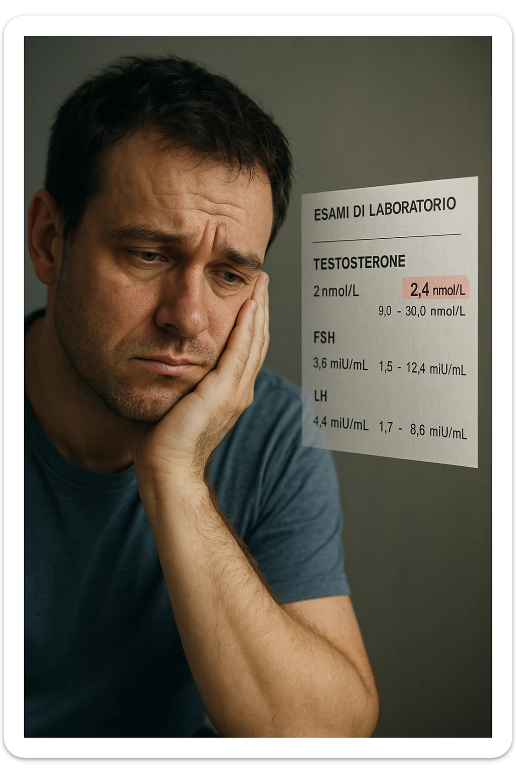 Un uomo caucasico di 35-45 anni, in CGI fotorealistico, che mostra i segni fisici ed emotivi di un basso livello di testosterone. aggiungere un referto medico semi-trasparente fluttuante accanto a lui, con valori di testosterone evidenziati in rosso. in italiano sticker