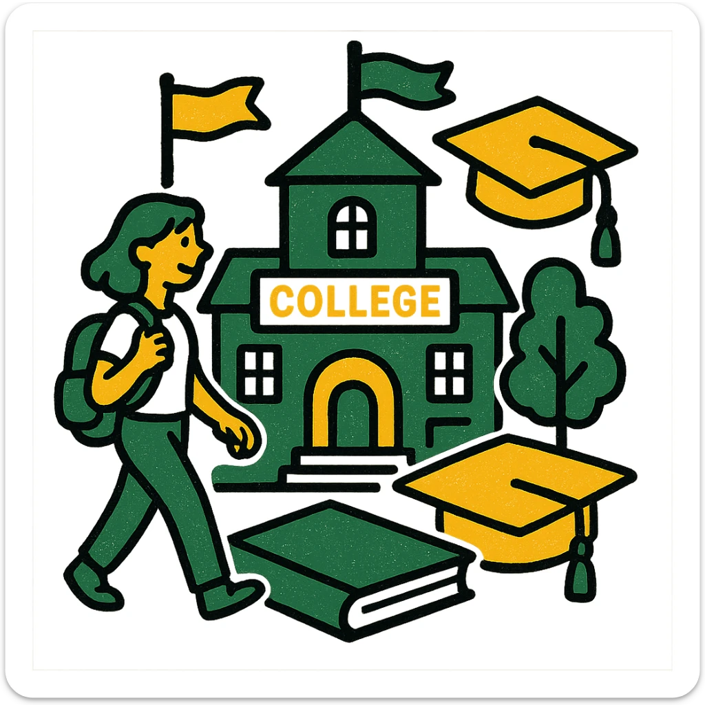 college campus scene, professional style, green gold and white color scheme, bold and clear, suitable for digital use sticker