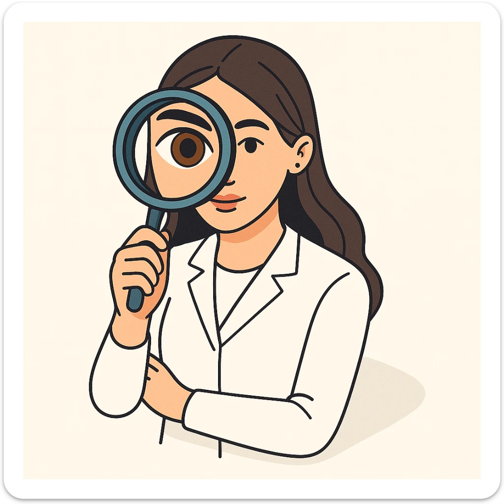 Edit the image of a female doctor with dark long straight hair and detailed brown eyes (not just dots). She wears a white coat. The style is 2D isometric with a minimalist background. The doctor is facing forward, looking directly at the camera through a magnifying glass. One eye is enlarged and distorted like a fisheye lens. sticker