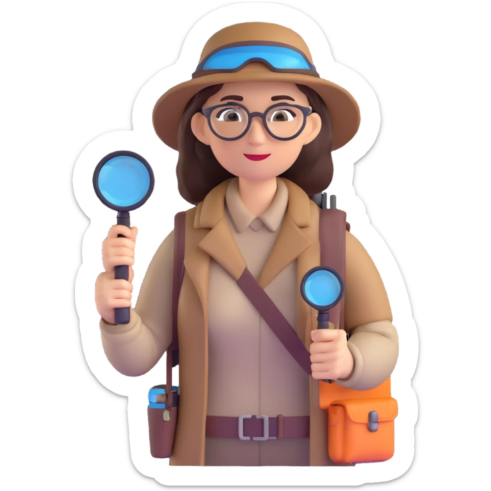 Curious professional woman explorer with glasses, modern outdoor equipment, single magnifying glass, stylized 3d look sticker
