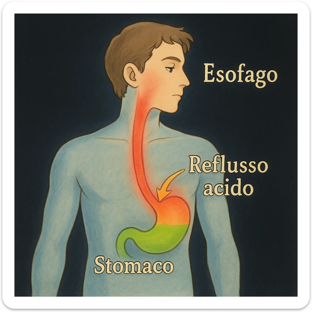 Medical illustration in Italian of gastroesophageal reflux: stylized figure of a man, esophagus highlighted in red, acid rising from the stomach to the esophagus. Add Italian labels: 'Esofago', 'Stomaco', 'Reflusso acido'. Dark background, clear illustrative style. sticker