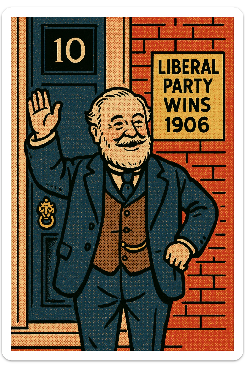 A happy Victorian politician who looks like Prime Minister Henry Campbell-Bannerman from the early 1900s standing in front of the black door or 10 Downing Street.  There is a sign on the wall saying 'Liberal Party Wins 1906'. sticker