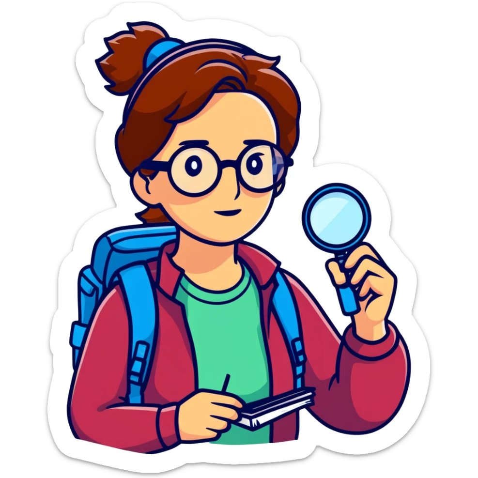 Adventurous woman scientist in her late 30s, glasses, vibrant hiking gear, examining with one magnifying glass, bold colorful style sticker