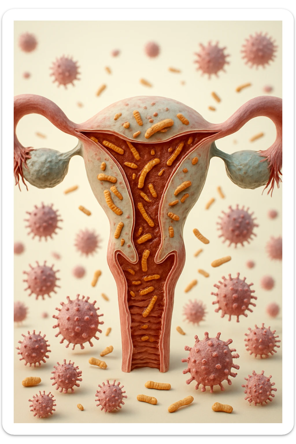utero umano realistico con batteri della candida intorno, la foto si deve vedere per intero in formato verticale, sullo sfondo neutro chiaro ci sono batteri della candida, iperrealistico 4k sticker