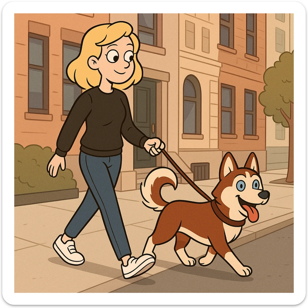 Cute Blonde woman wearing a black sweater and jeans and white sneakers walking a happy red-brown blue-eyed Siberian husky in New York City on an upper east side city sidewalk  sticker