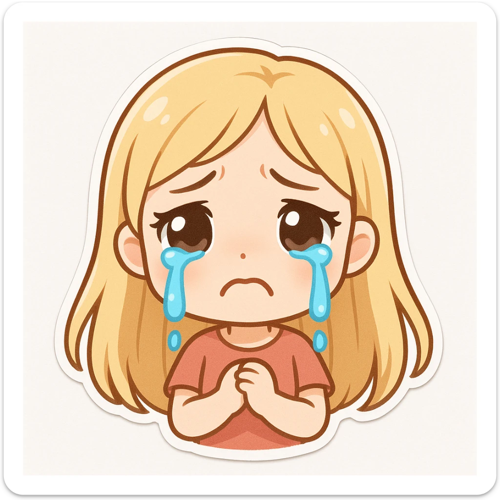 cute animated young girl with long blonde hair, fair skin, large sad eyes, cartoon blue tears streaming down her face, deeply upset, crying, frowning mouth, plain white background sticker