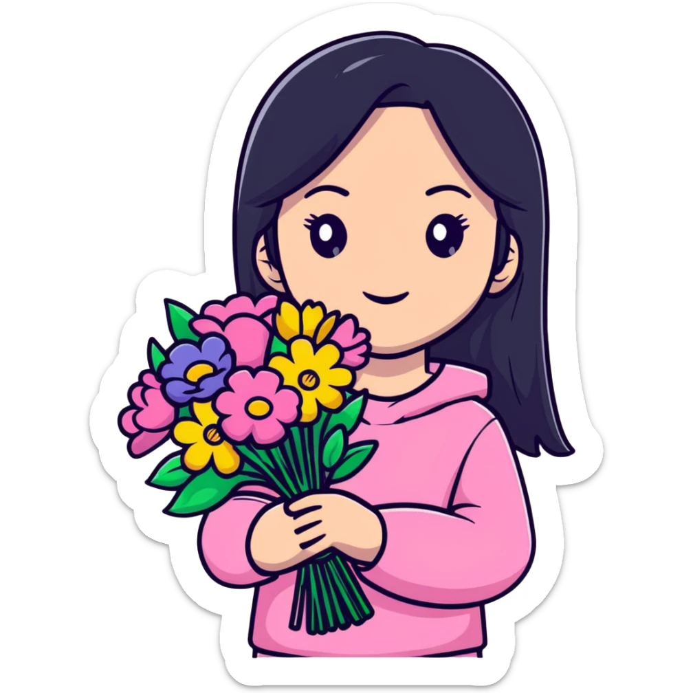 Beautiful girl with long straight black hair, fair skin, wearing pink clothes, holding a bouquet of colorful flowers sticker