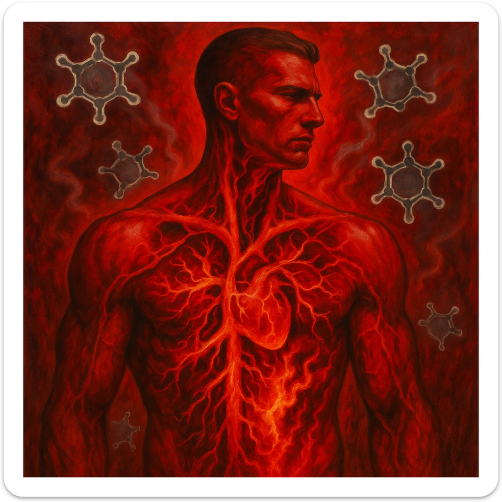 surreal anatomical view of a human body strong on the outside, but inside arteries with flows of oxidized omega-6 fatty acids like fire or acid causing inflammation; hexane molecules floating like ghosts; bright red tones to emphasize inflammation sticker