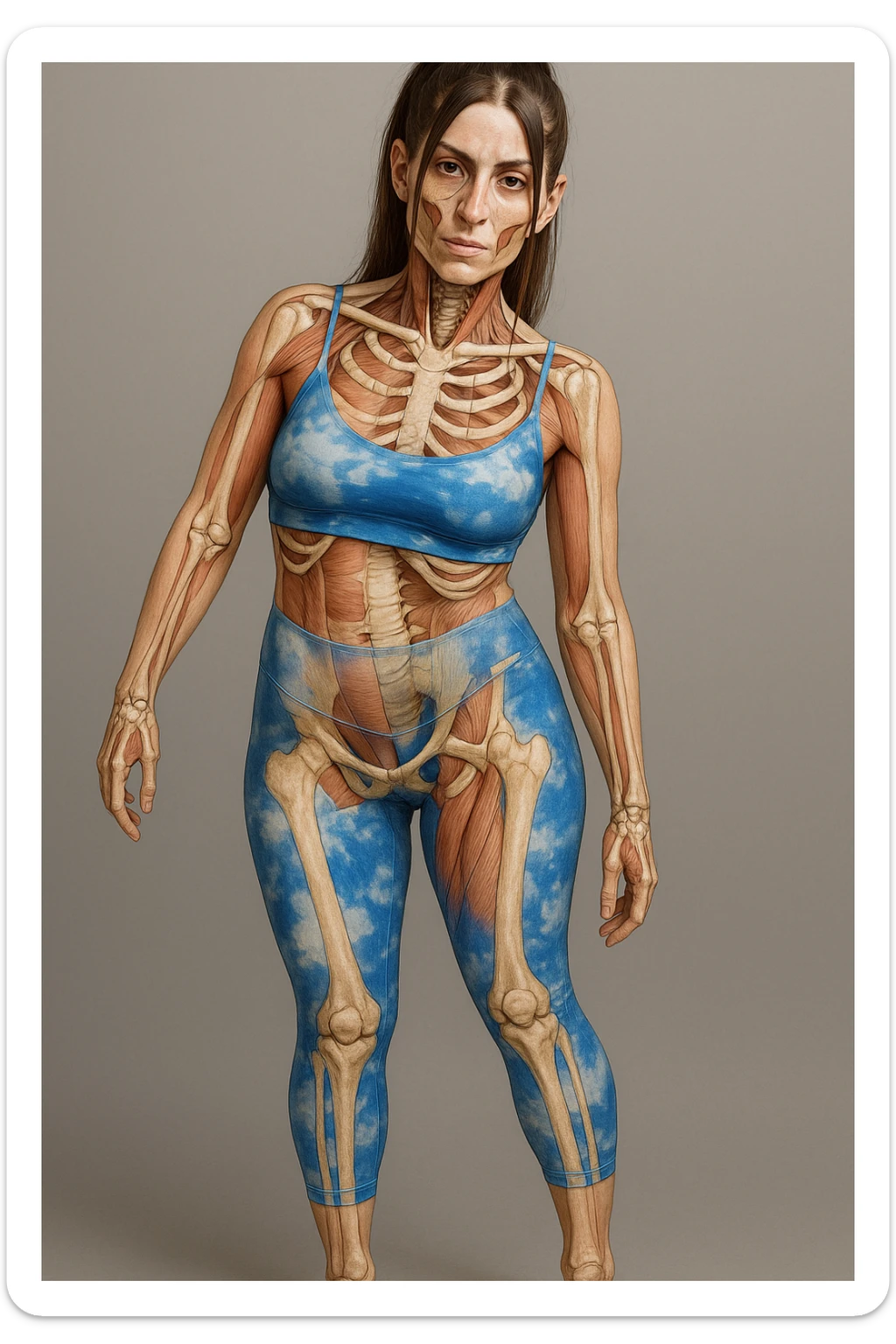 Donna in abbigliamento sportivo, postura asimmetrica, stile medico realistico, muscoli e ossa visibili, evidenzia la compressione delle coste sul lato corto, sfondo neutro, formato verticale. sticker