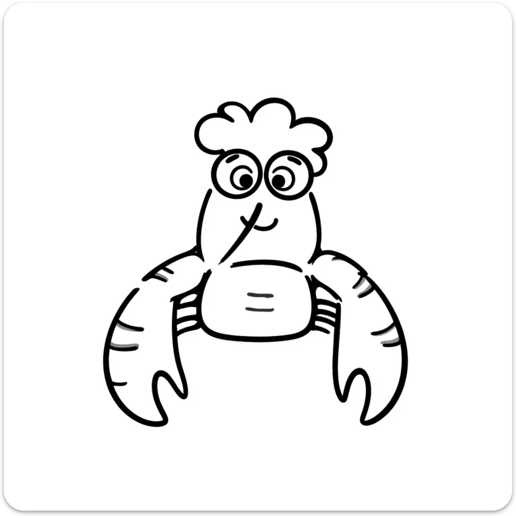 senior lobster with white hair and glasses, elderly lobster character with white eyebrows and whiskers, wearing round glasses sticker