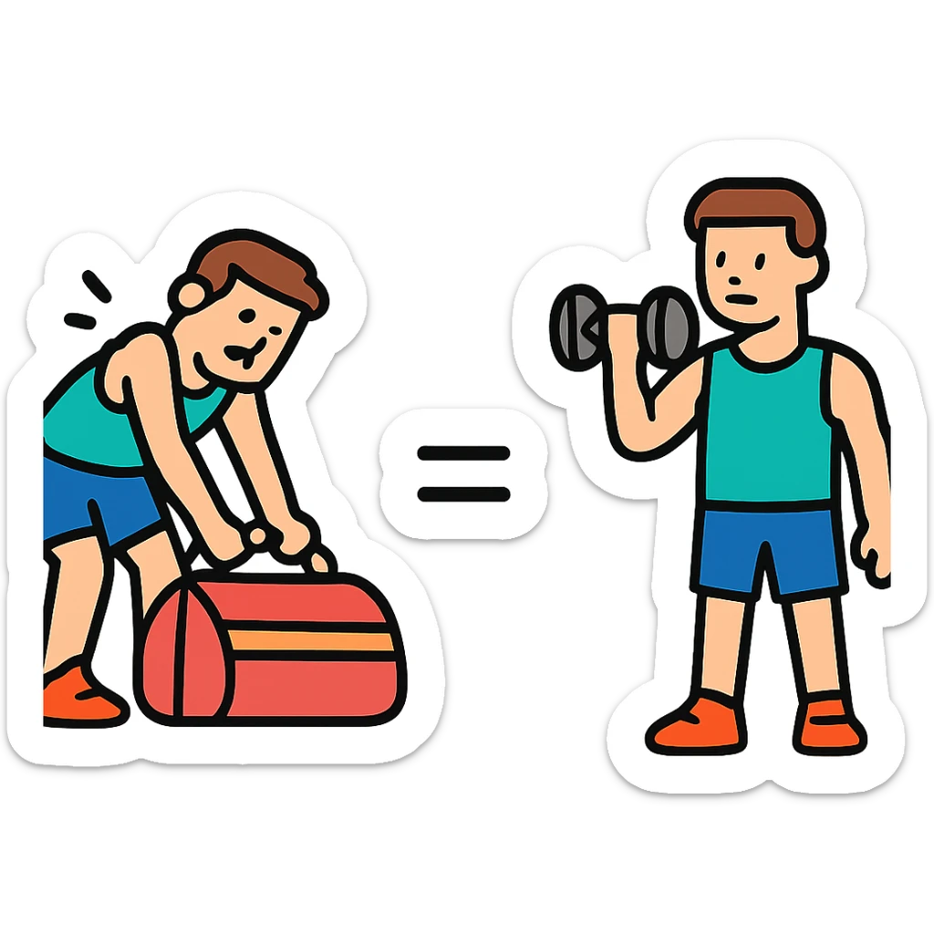 The picture is devided into two parts  the firts picture shows asportsman is struggling to lift a gymbag, the second one show the same sportsman doing a workout. There's sybmol equal between these pictures sticker
