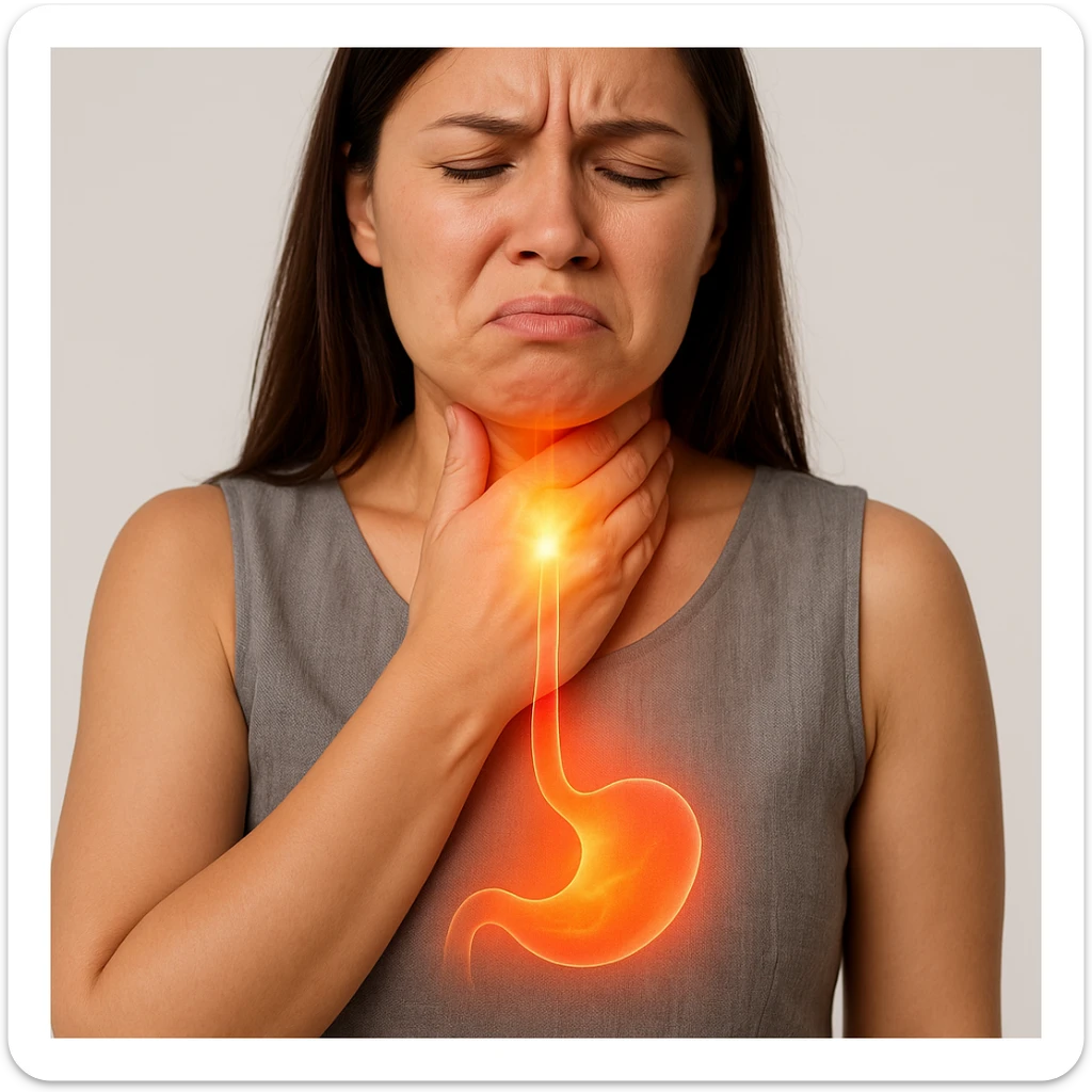 Realistic medical style image of a woman identical to the reference photo, hand on throat, expression of burning sensation, with a glowing or shining effect rising from the stomach to the esophagus. sticker