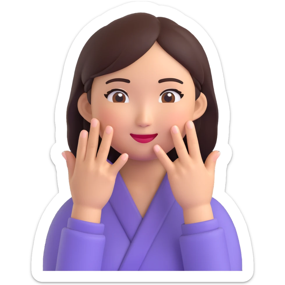 standard Asian woman emoji, hands lower near her cheeks, two fingers extended on each hand, playful gesture sticker