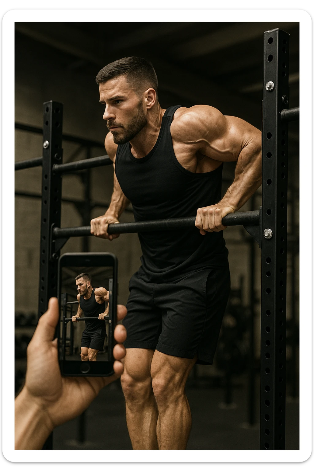 uomo che fa Muscle up e si sta filmando di lato con il telefonino che lo riprende mentre si allena, così da analizzarsi dopo sticker
