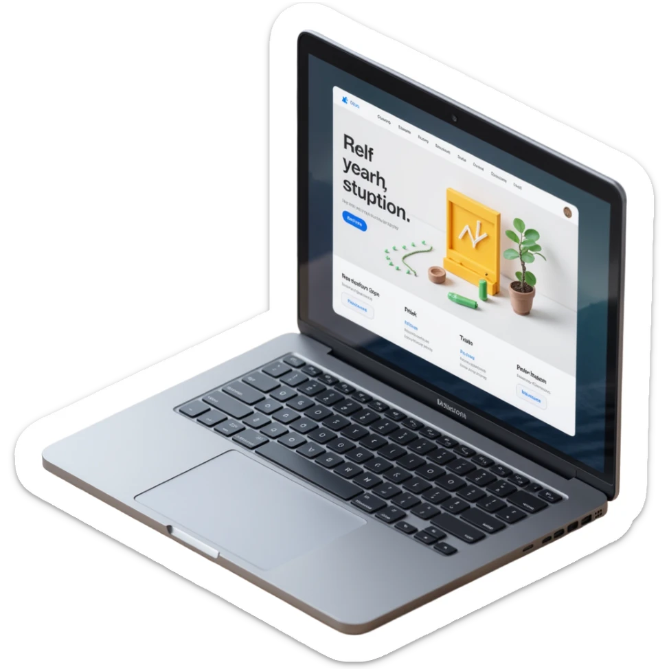 an open laptop with an online course on screen, skeuomorphism style, shiny metal, realistic shadows, tactile buttons, educational graphics sticker