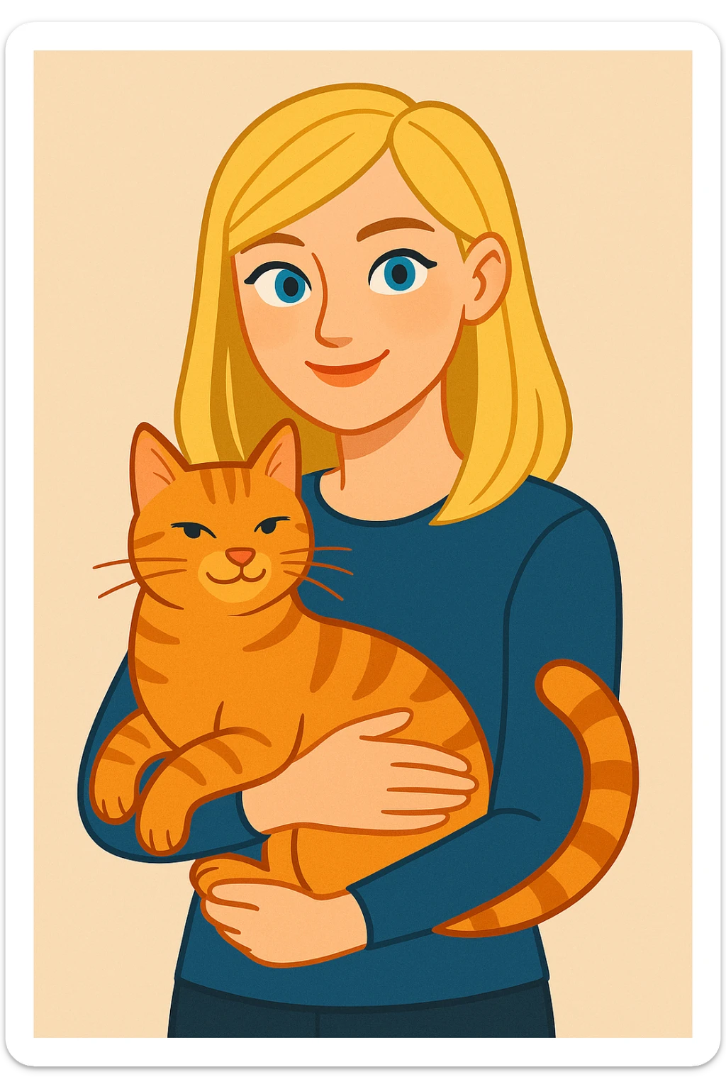 a blonde girl with blue eyes holding an orange tabby cat, modern illustration sticker