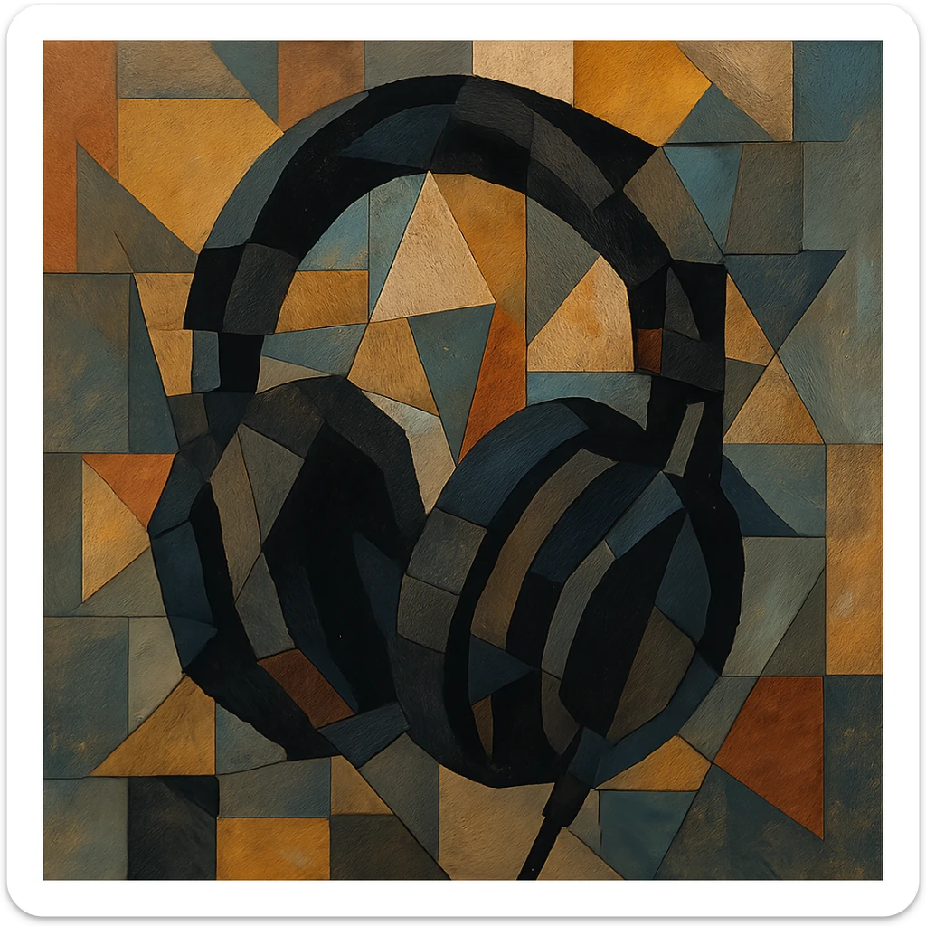 black gothic headphones with fragmented shapes and dark accents in cubist abstraction style sticker