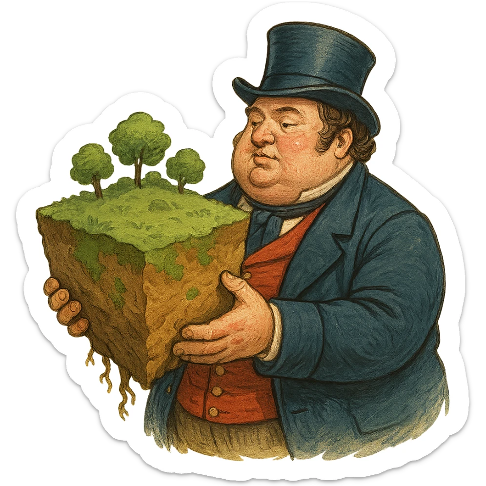 Толстый британский герцог 19 века держит в руках большой пласт земли, слегка рисованный объемный стиль, прозрачный фон sticker