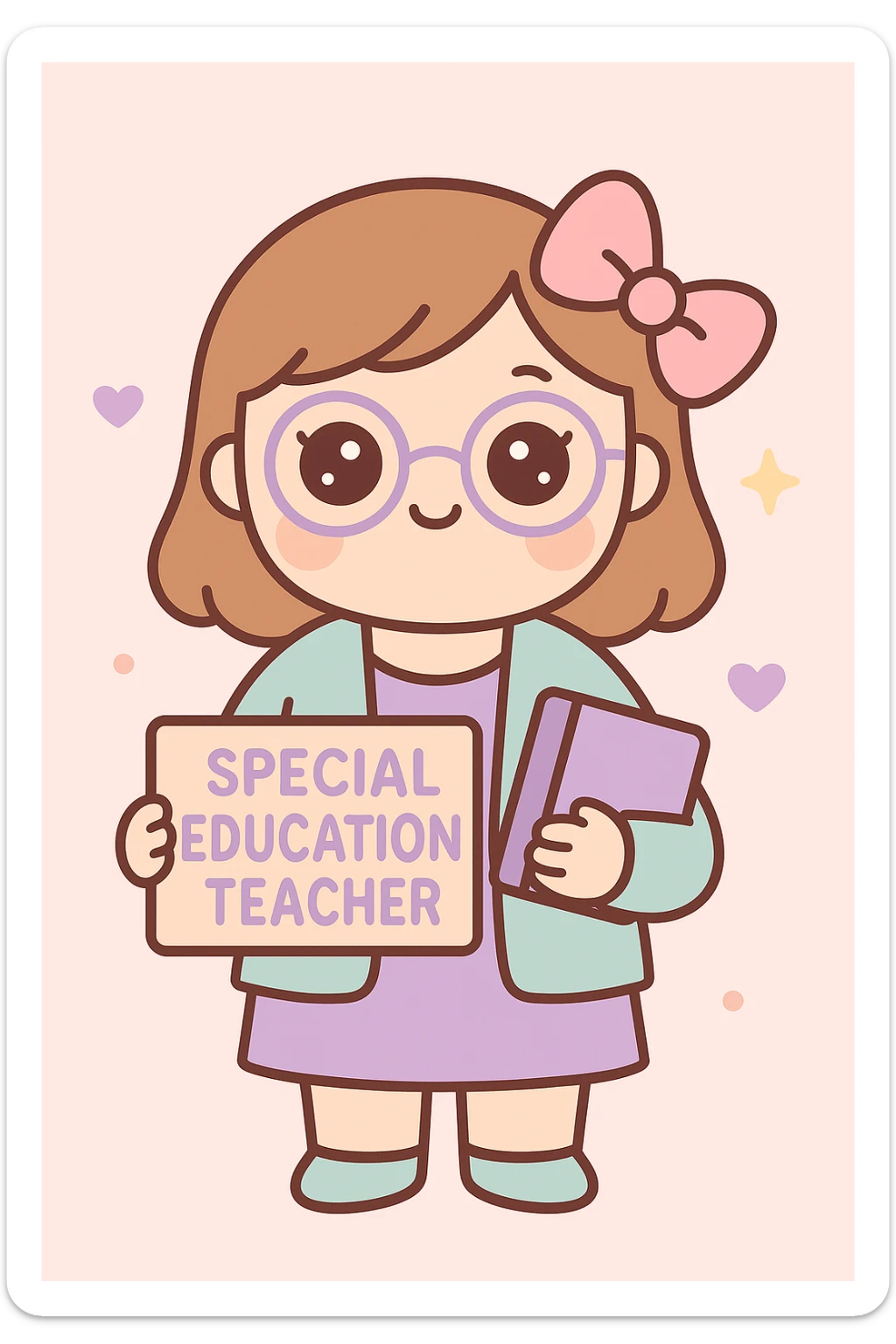 Add glasses to the special education teacher with a pink bow in her hair, maintaining the kawaii style. sticker